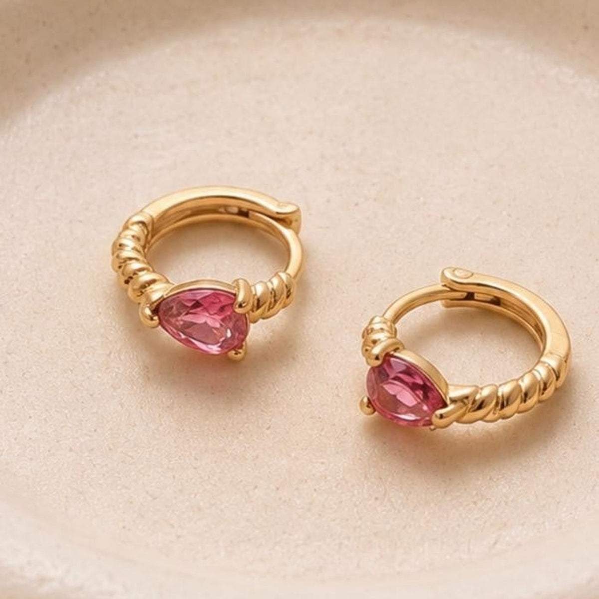 Pink Teardrop Huggies - Gold Filled18k