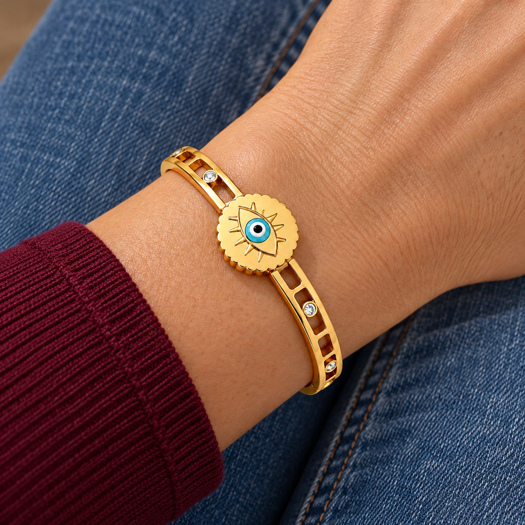 Gia Evil Eye Bracelet worn on wrist with modern everyday clothing