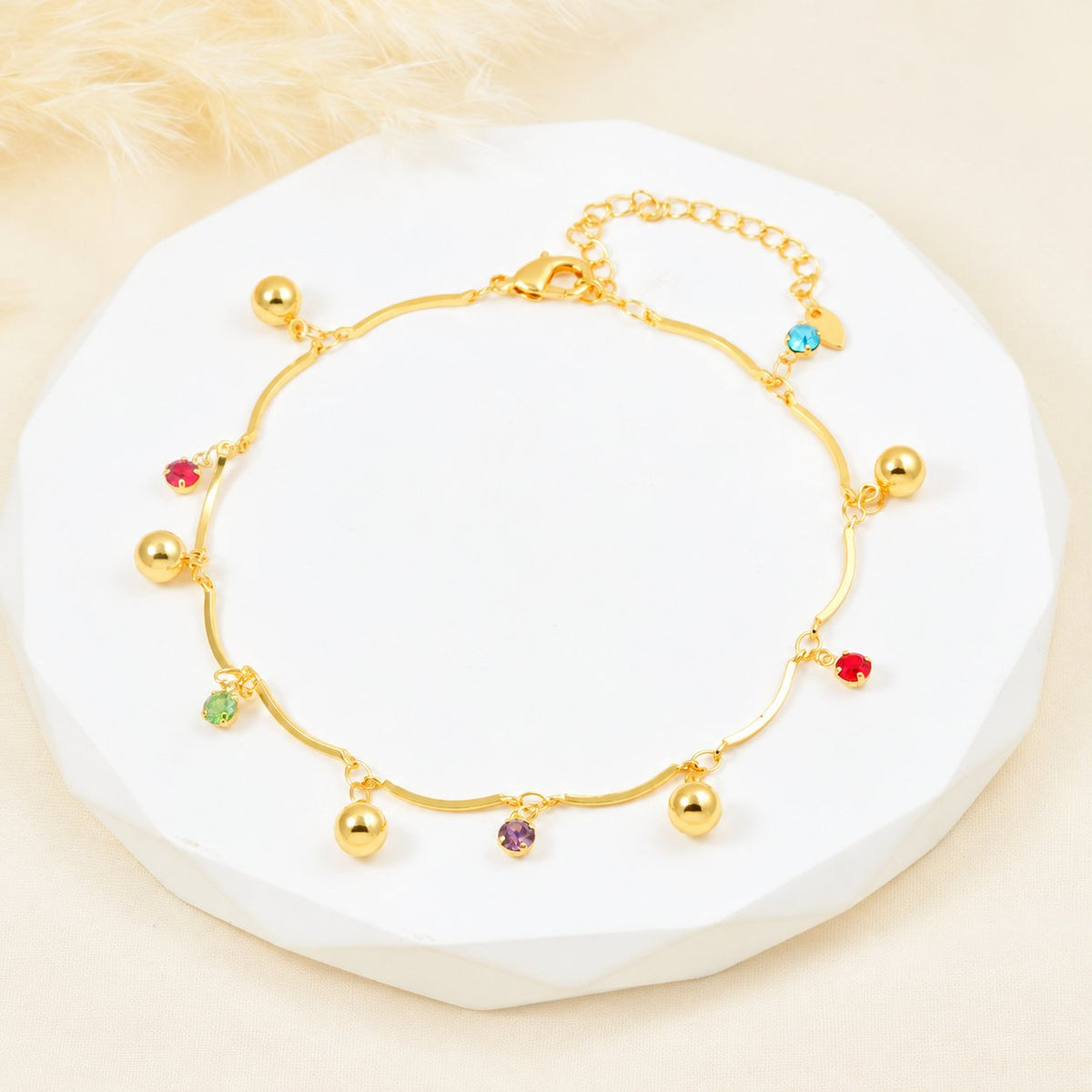 Rainbow Bead Charm Anklet — complete product view; QR removed