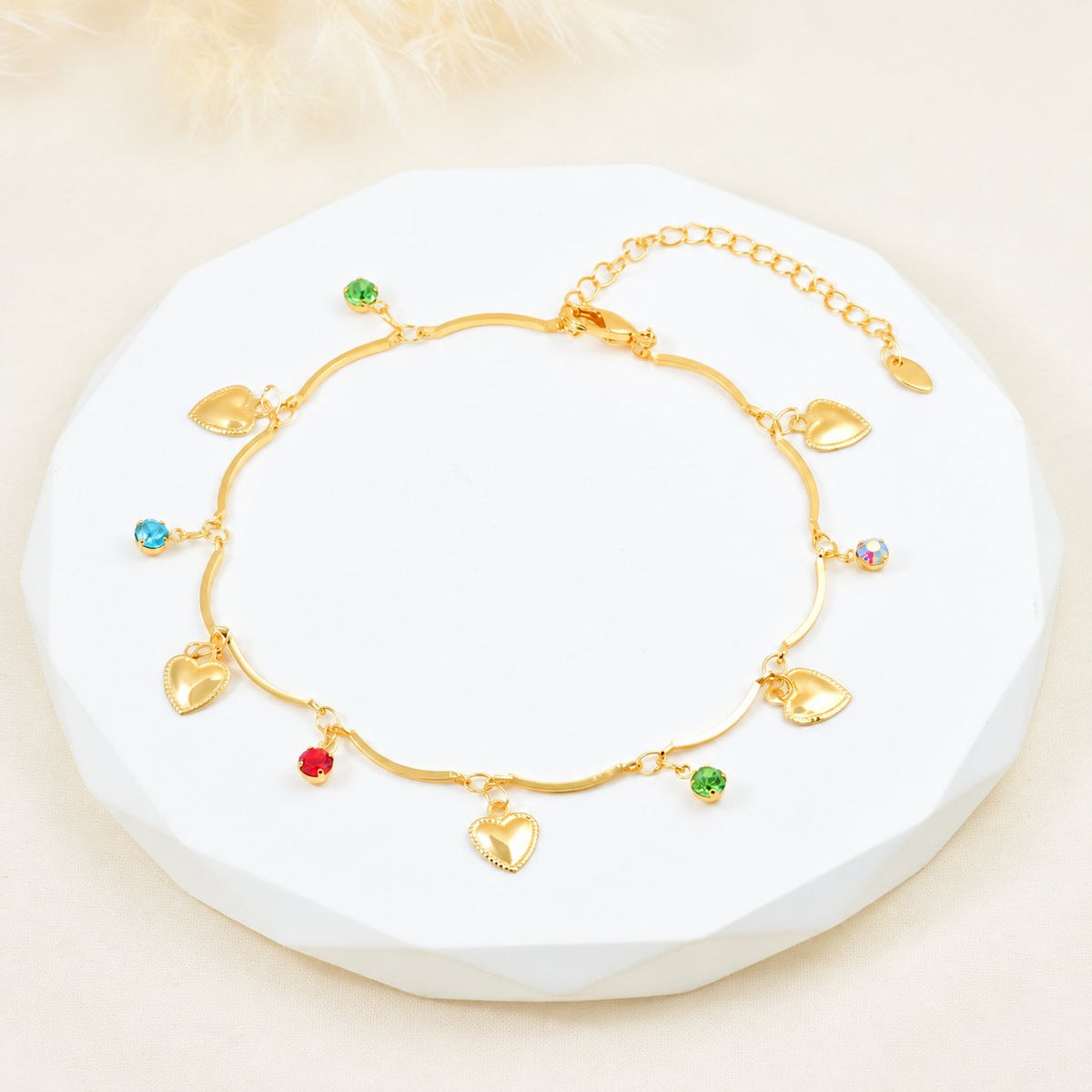 Rainbow Heart Charm Anklet — complete product view; QR removed