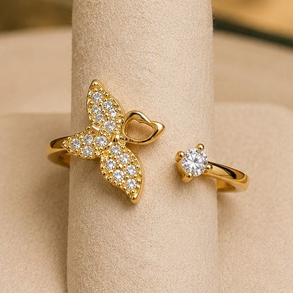 Butterfly CZ Adjustable Ring – Gold Plated – close up on display