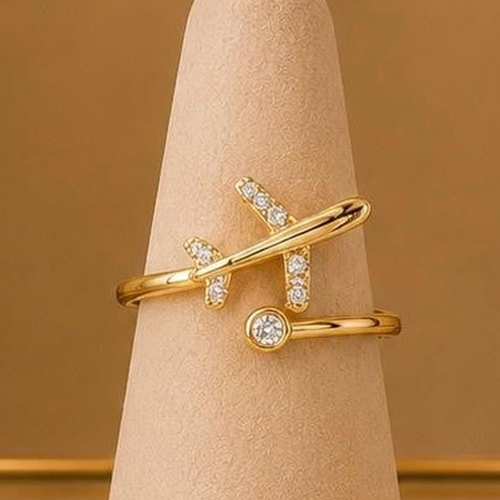 Airplane CZ Adjustable Ring – Gold Plated – close up on display