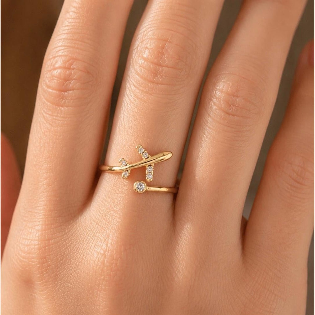 Airplane CZ Adjustable Ring – Gold Plated
