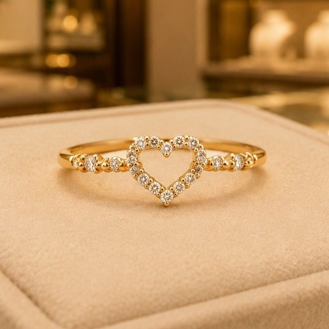 Delicate Heart CZ Ring – Gold Plated – close up on display