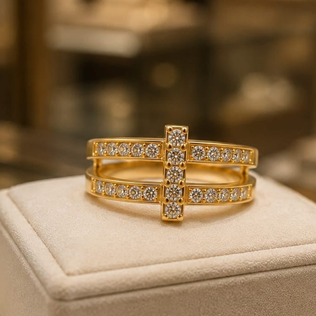 CZ Bar Double Band Ring – Gold Plated – close up on display