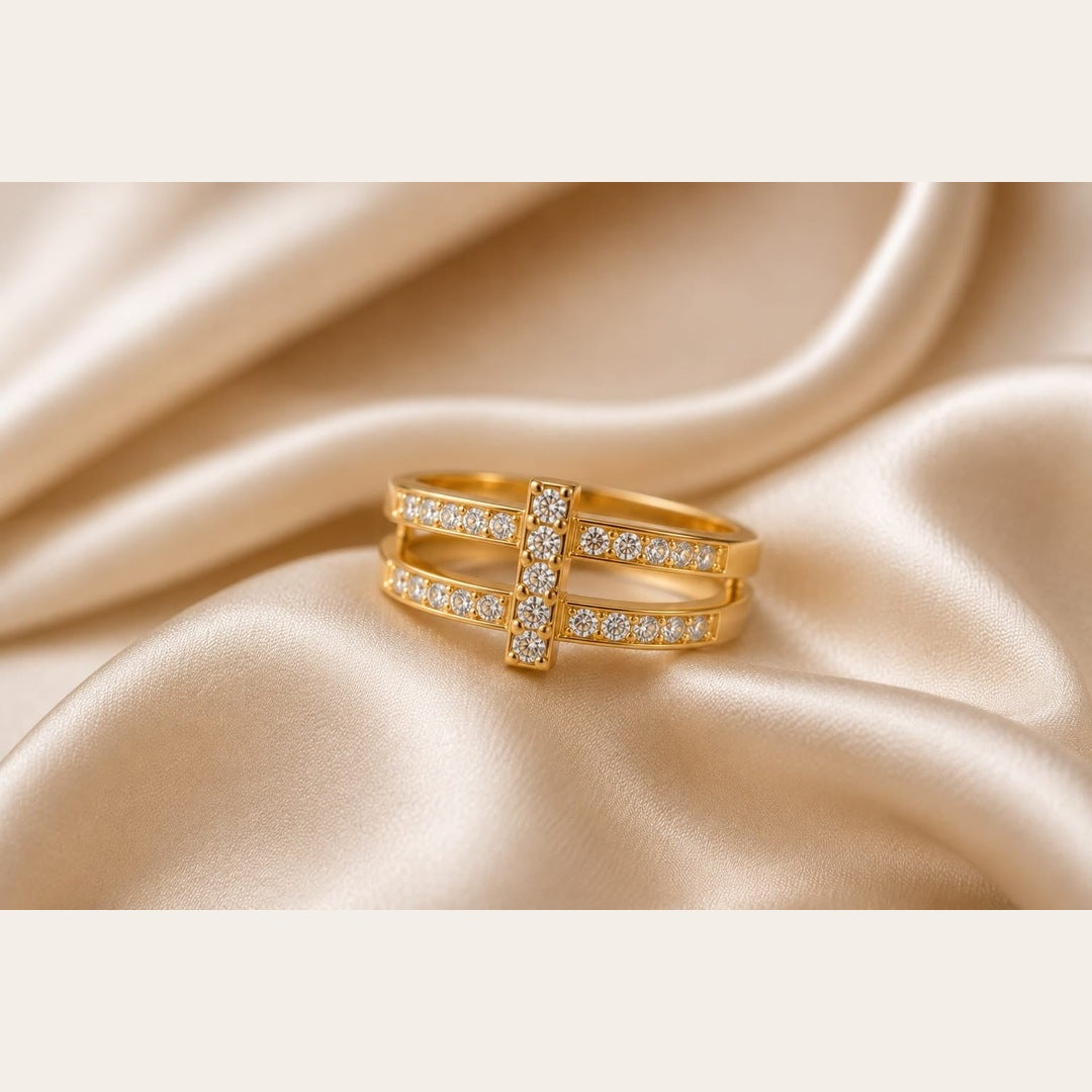 CZ Bar Double Band Ring – Gold Plated