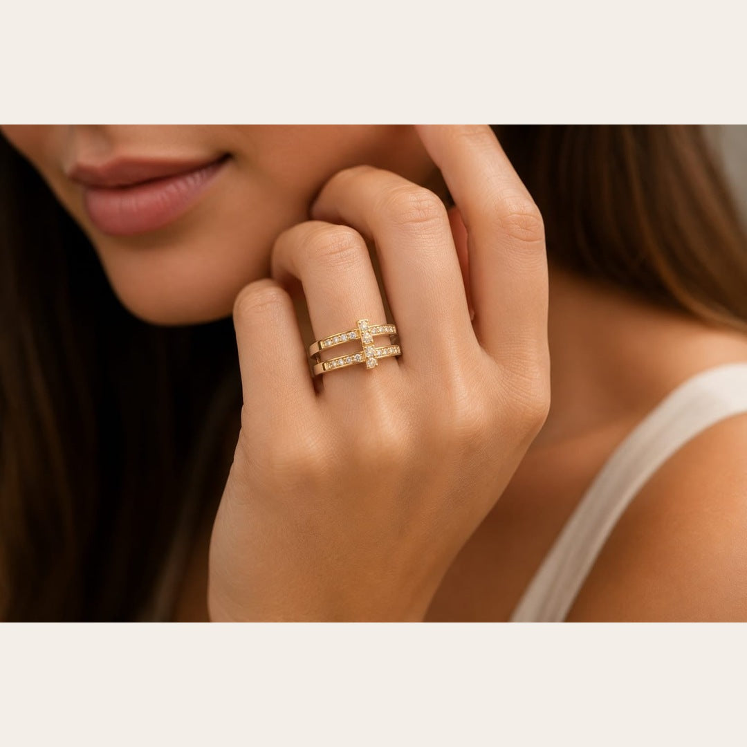 CZ Bar Double Band Ring – Gold Plated