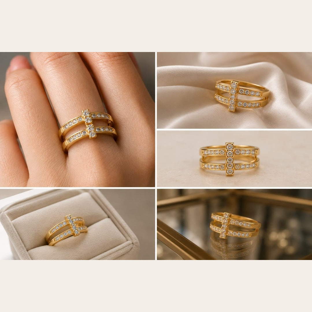 CZ Bar Double Band Ring – Gold Plated