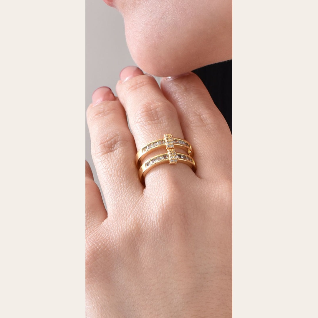 CZ Bar Double Band Ring – Gold Plated