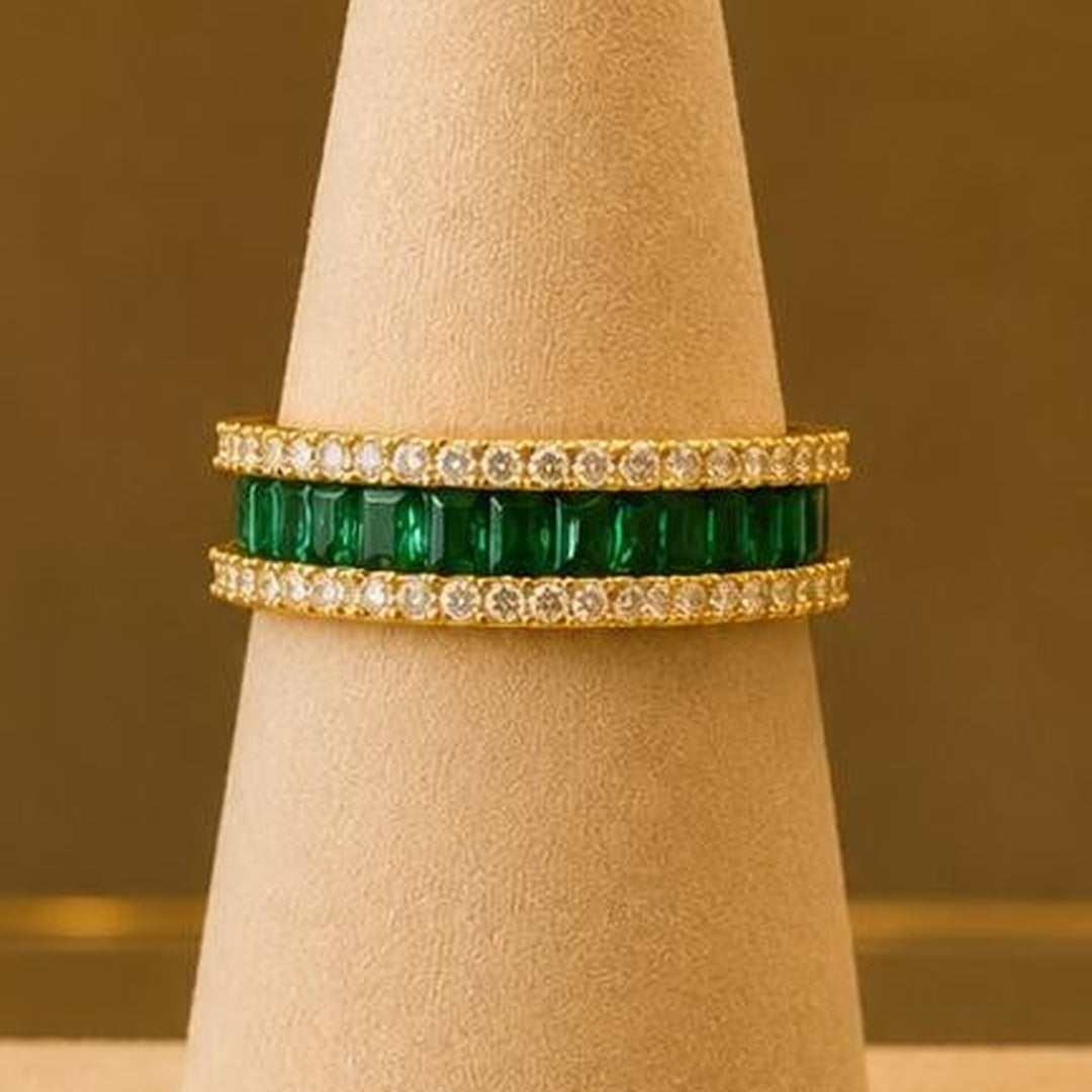 Green & Clear CZ Double Band Ring – Gold Plated – close up on display