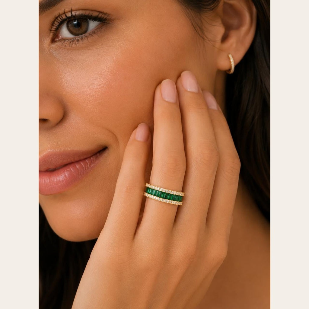 Green & Clear CZ Double Band Ring – Gold Plated