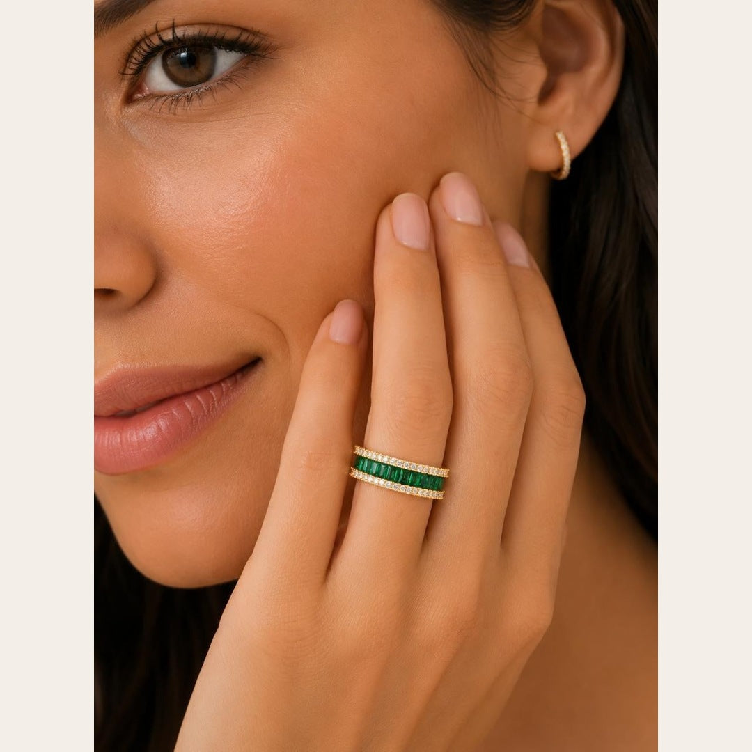 Green & Clear CZ Double Band Ring – Gold Plated