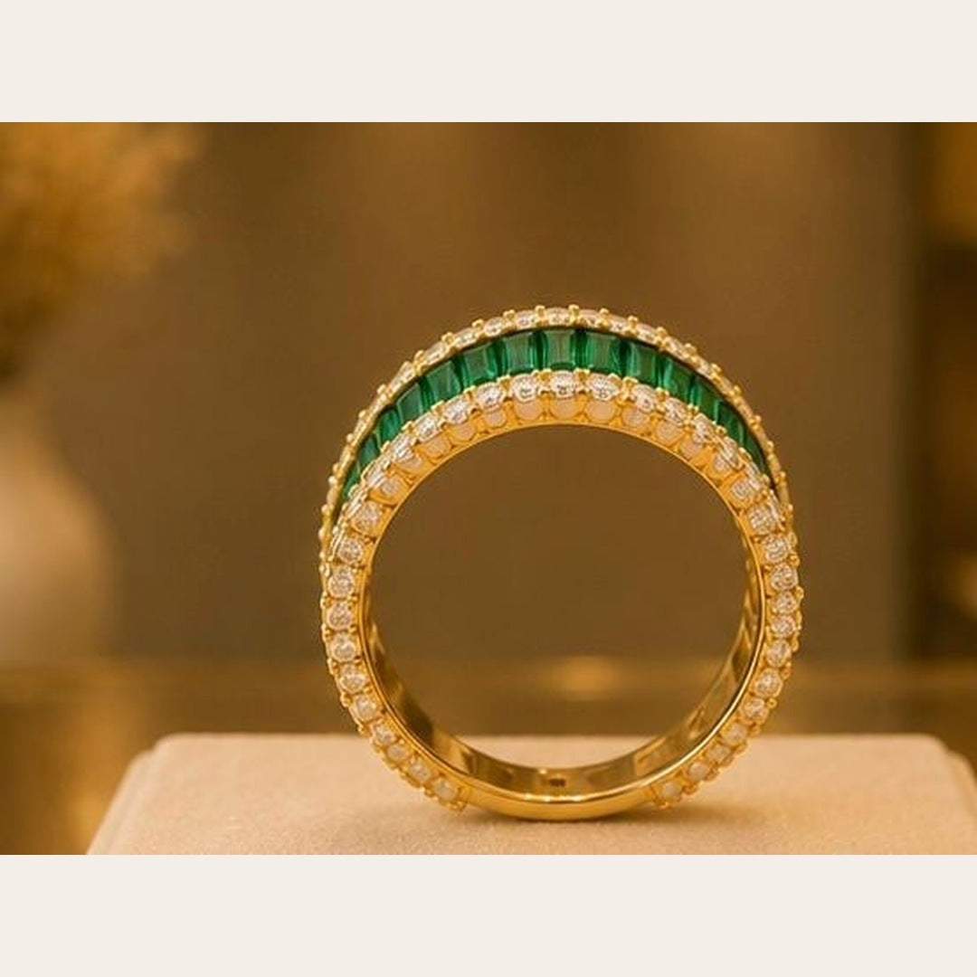 Green & Clear CZ Double Band Ring – Gold Plated