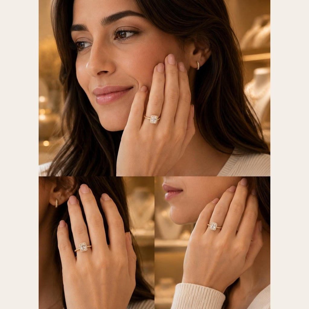 Square Halo CZ Ring – Gold Plated
