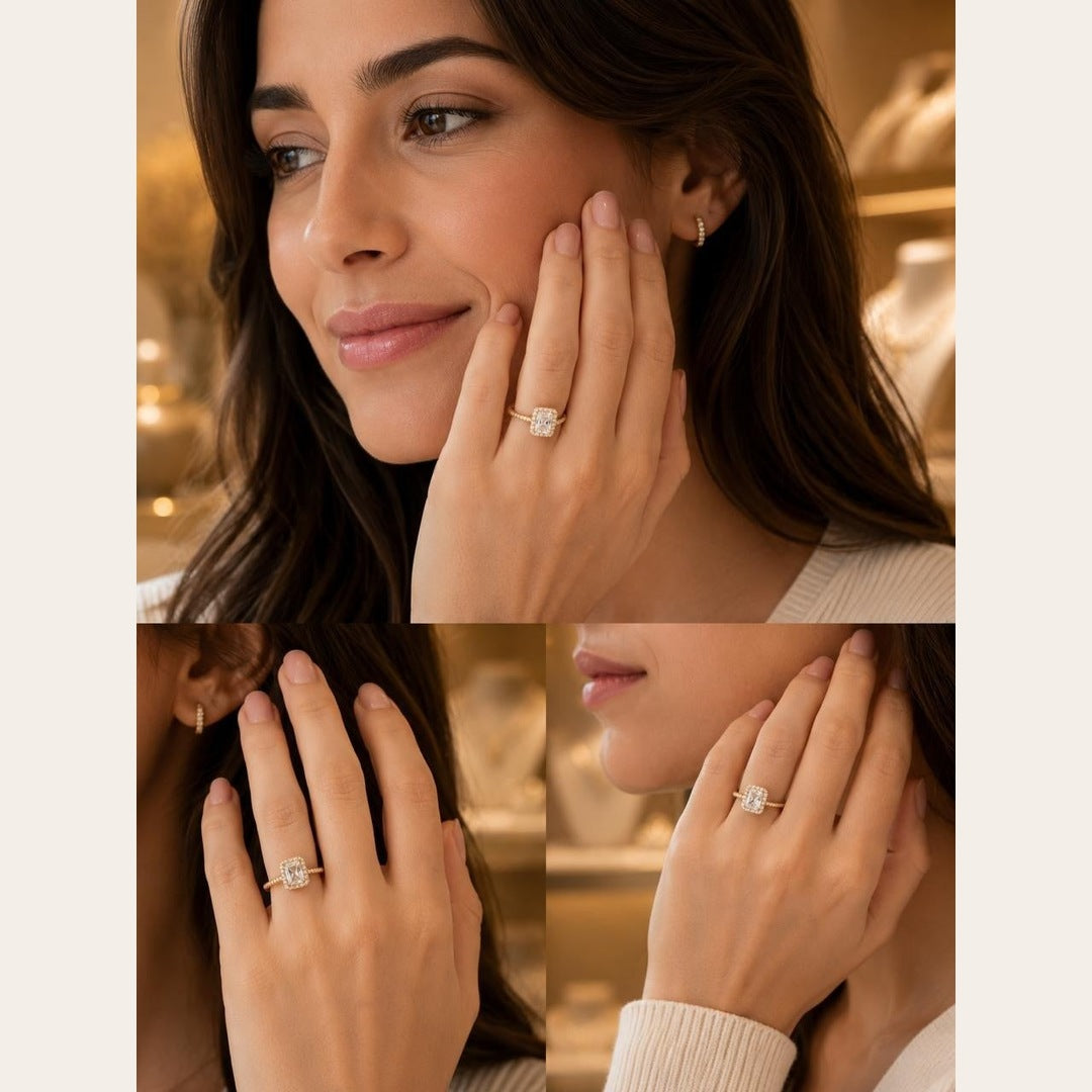 Square Halo CZ Ring – Gold Plated