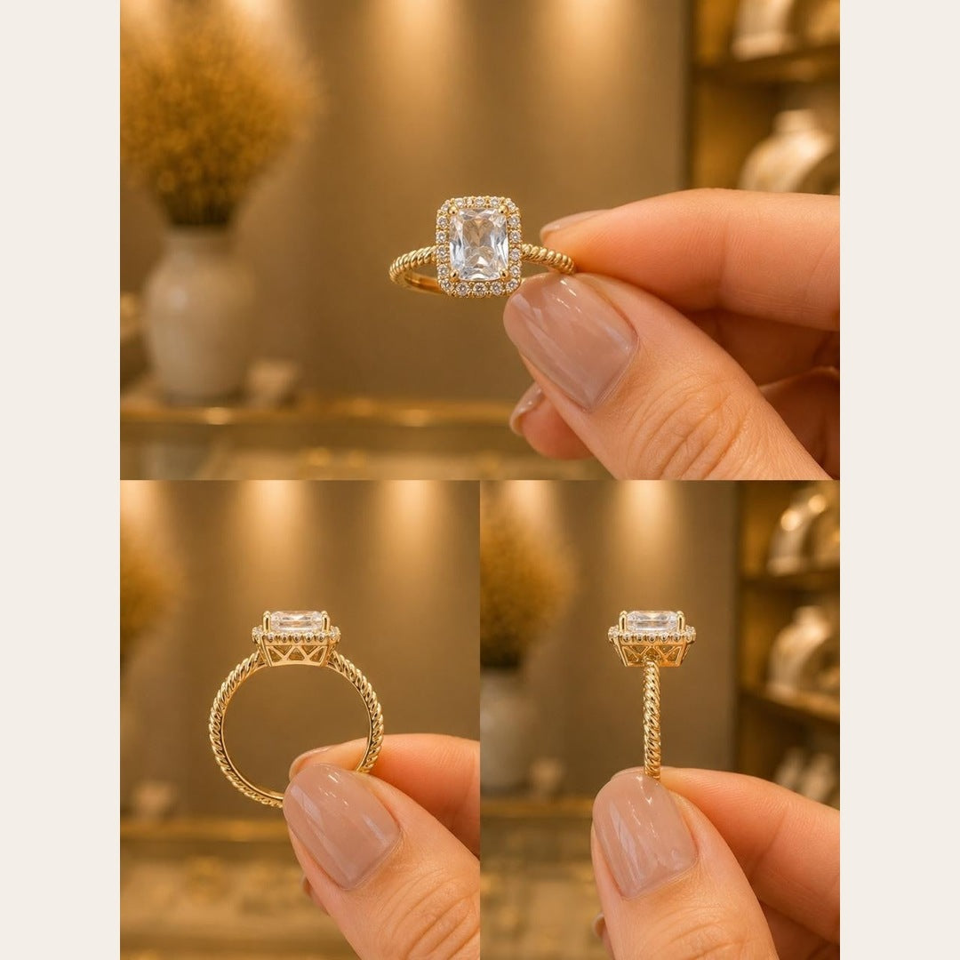 Square Halo CZ Ring – Gold Plated