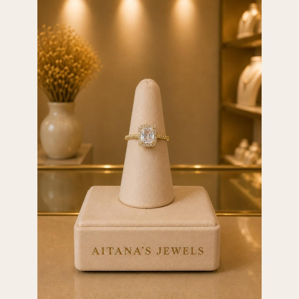 Square Halo CZ Ring – Gold Plated