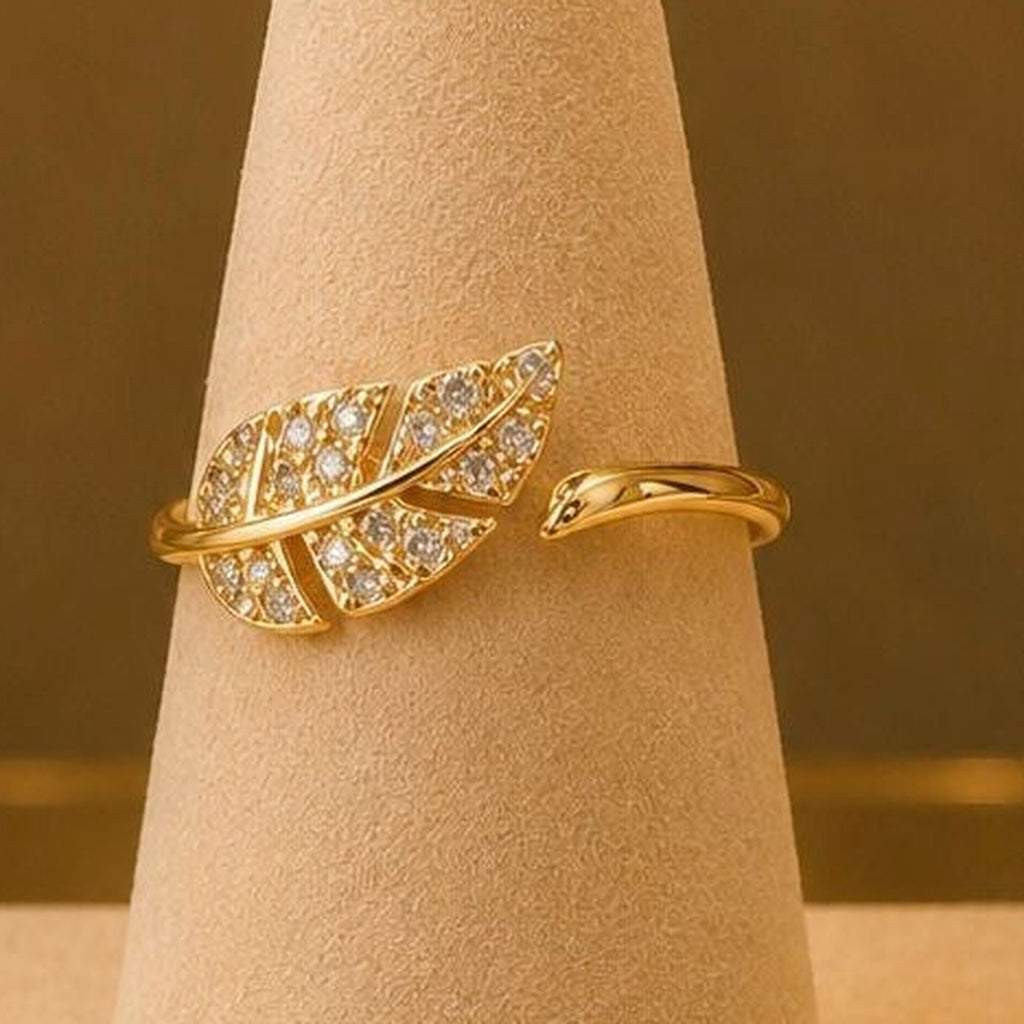 Leaf CZ Ring – Gold Plated – close up on display