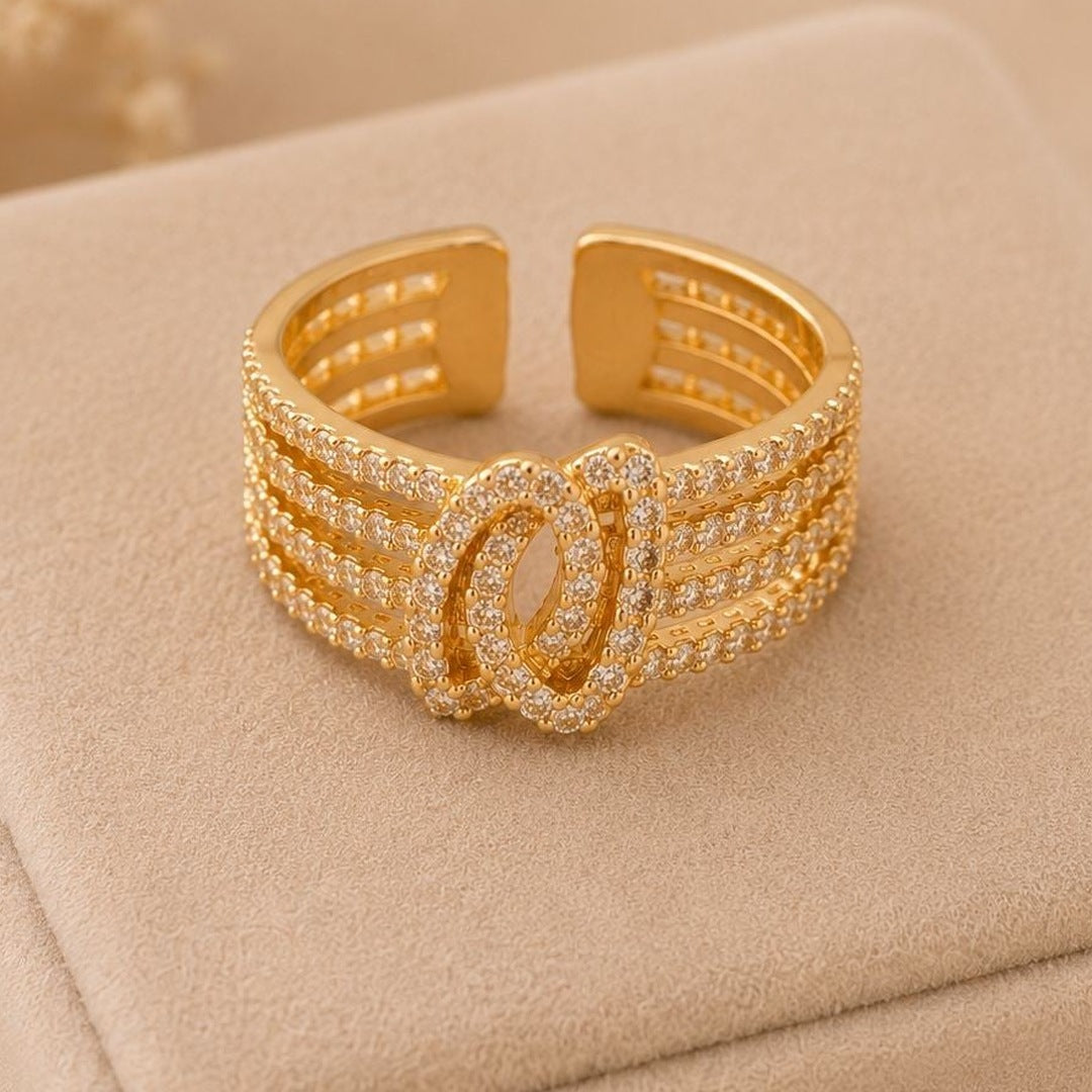 Radiant Multi Band CZ Ring – Gold Plated – close up on display