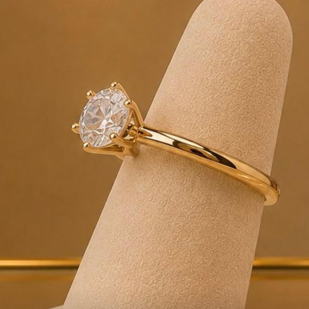Timeless Solitaire CZ Ring – Gold Plated – close up on display