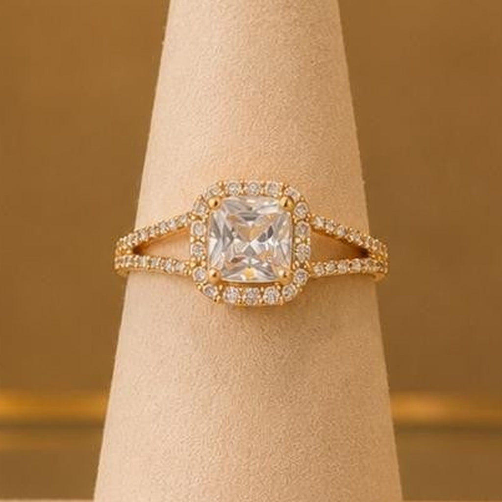 Elevated Square Halo CZ Ring – Gold Plated – close up on display