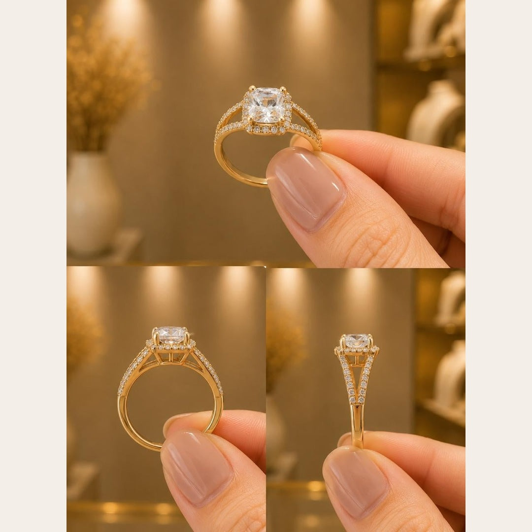 Elevated Square Halo CZ Ring – Gold Plated