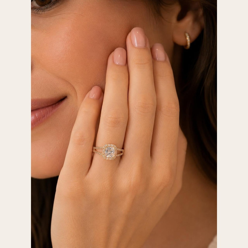 Elevated Square Halo CZ Ring – Gold Plated