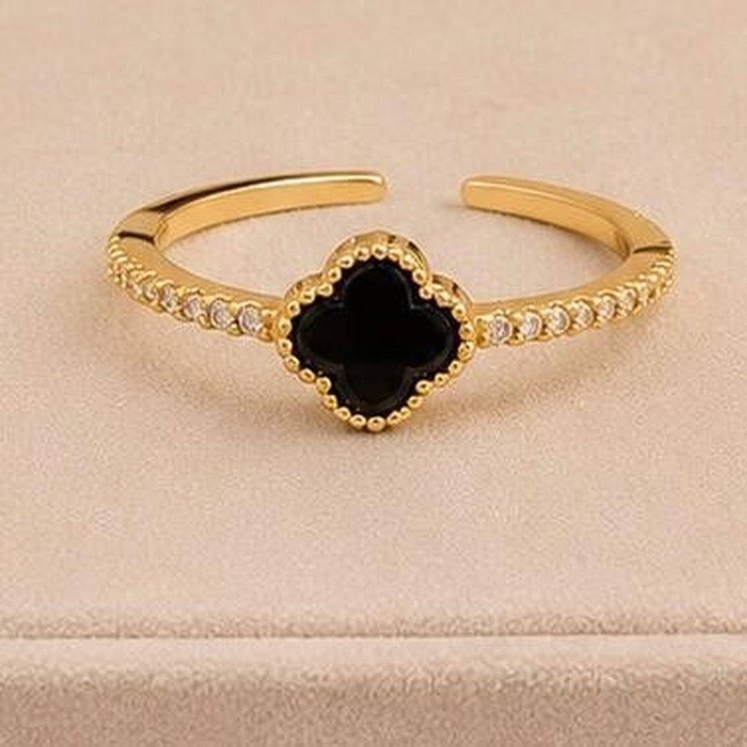 Black Clover Adjustable Ring – Gold Plated – close up on display