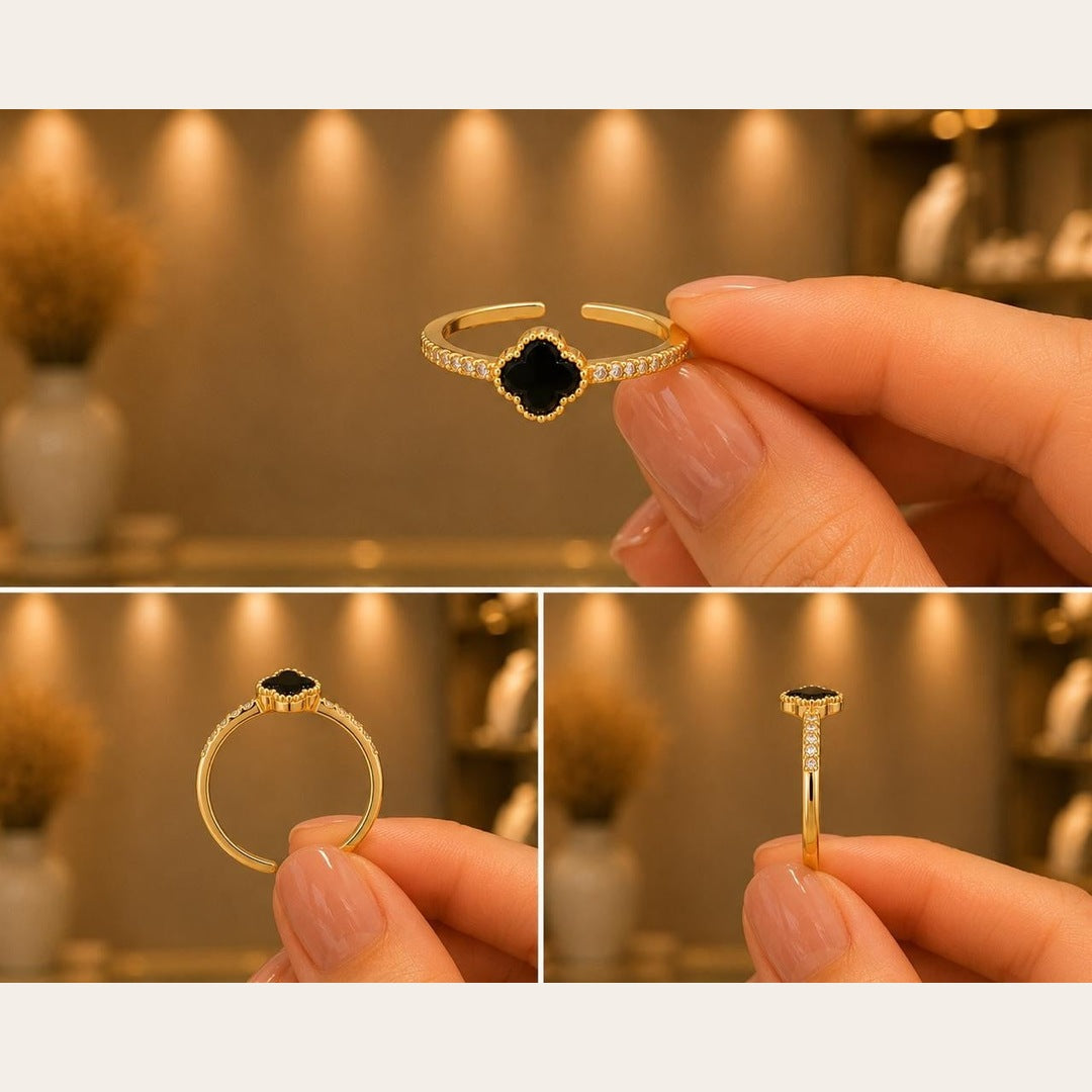 Black Clover Adjustable Ring – Gold Plated