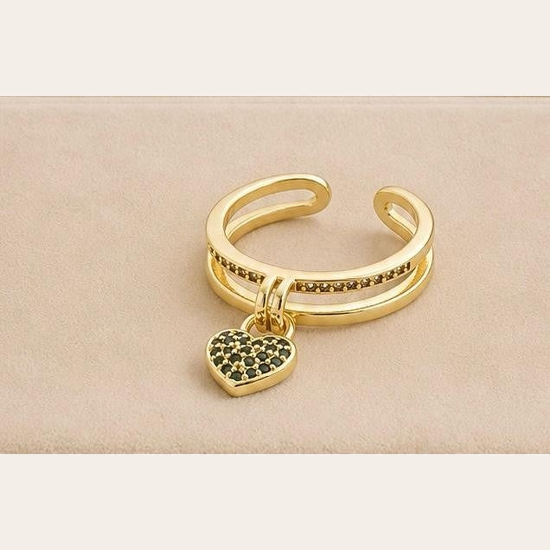 Black Heart Charm Adjustable Ring – Gold Plated