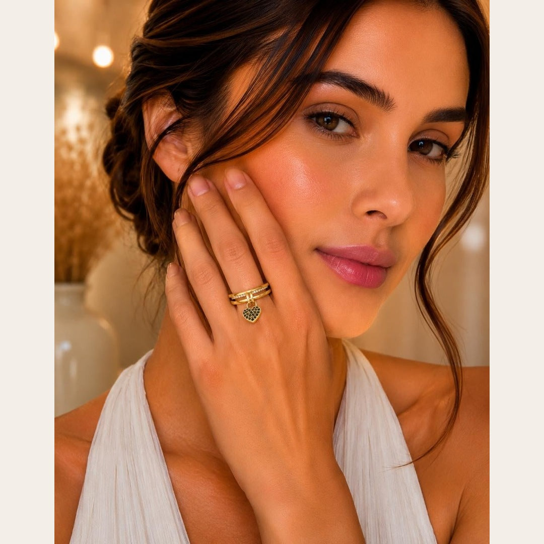 Black Heart Charm Adjustable Ring – Gold Plated