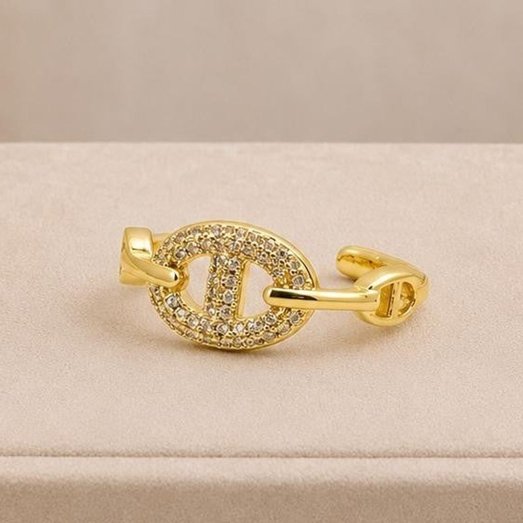 Coffee Bean Adjustable Ring – Gold Plated – close up on display