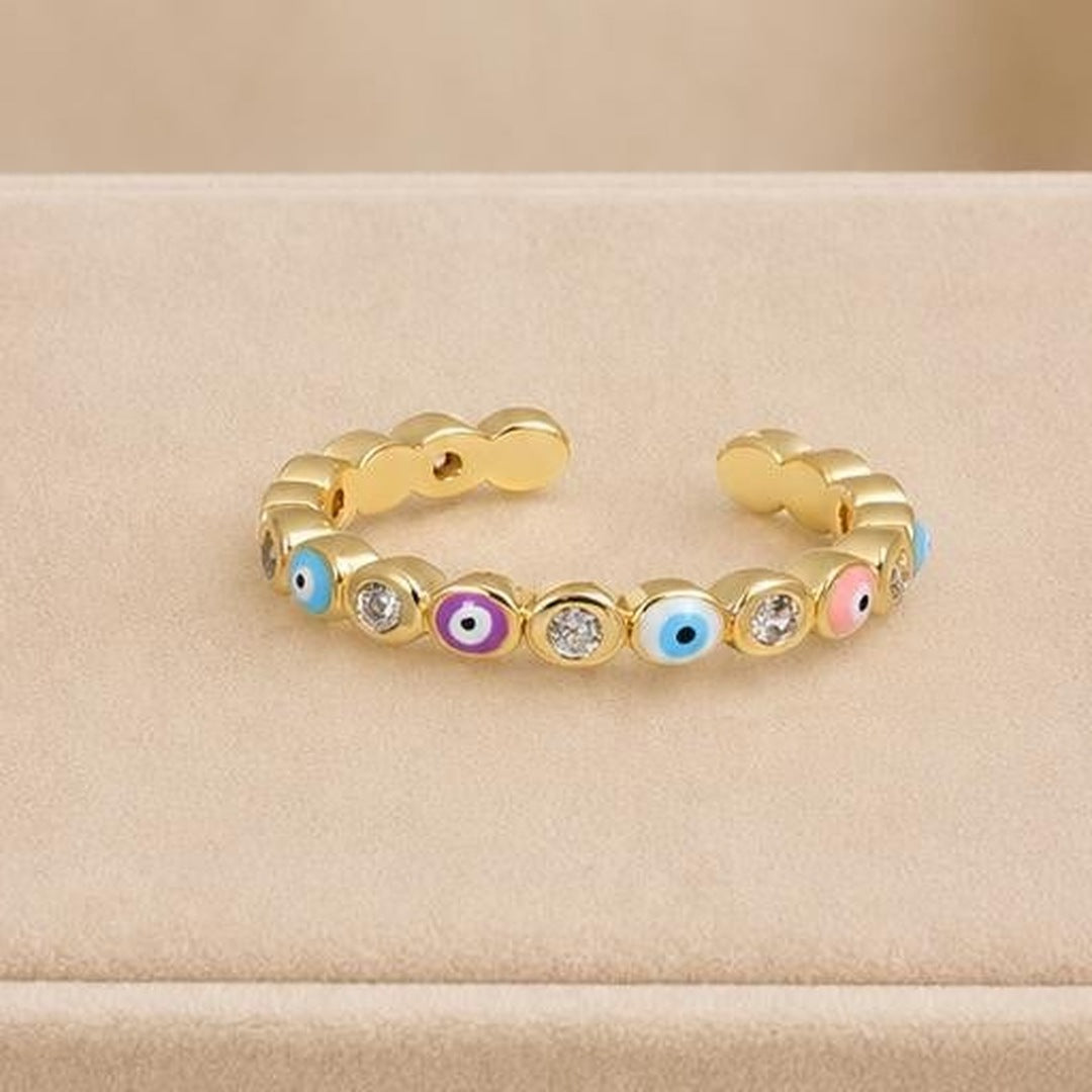 Colorful Evil Eye Adjustable Ring – Gold Plated – close up on display