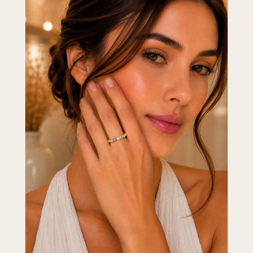 Colorful Evil Eye Adjustable Ring – Gold Plated
