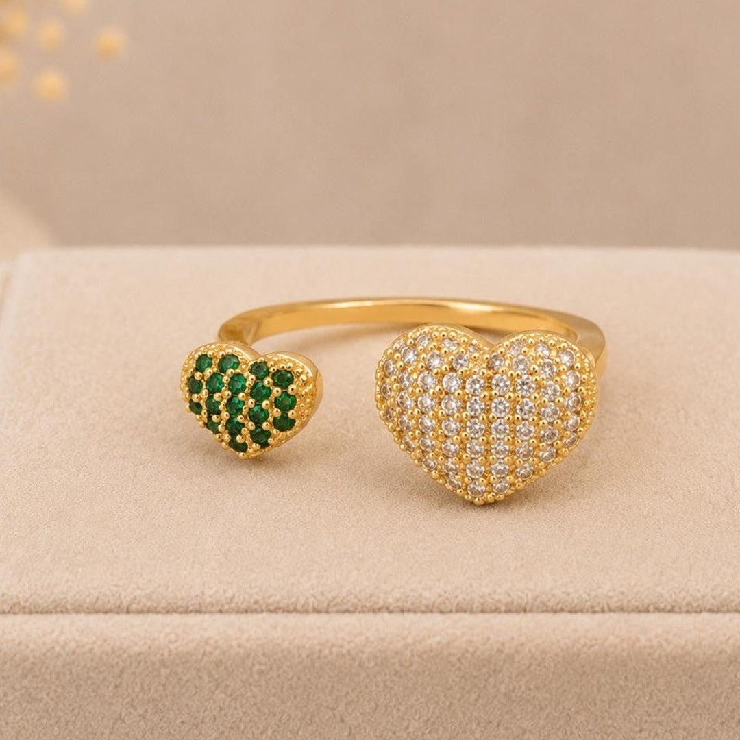 Dual Heart Adjustable Ring – Gold Plated – close up on display