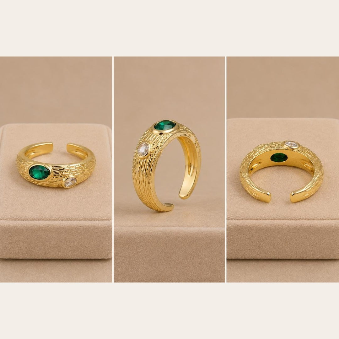 Emerald Green & Crystal Textured Adjustable Ring – Gold Plated