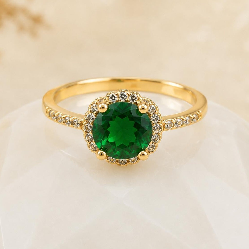 Emerald Green Halo Adjustable Ring – Gold Plated – close up on display