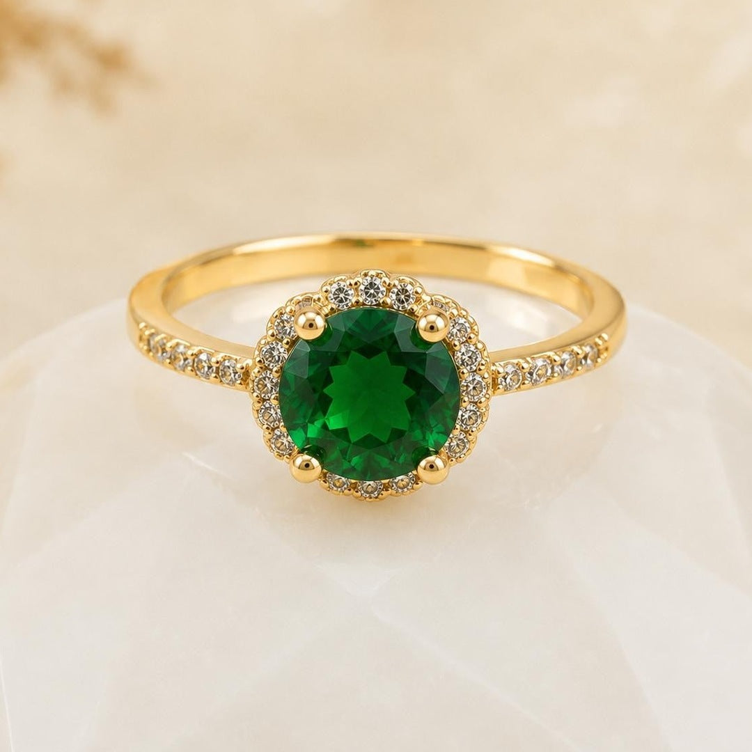 Emerald Green Halo Adjustable Ring – Gold Plated – close up on display