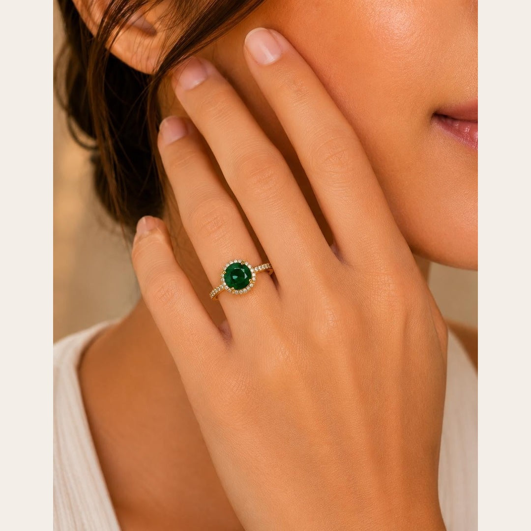Emerald Green Halo Adjustable Ring – Gold Plated