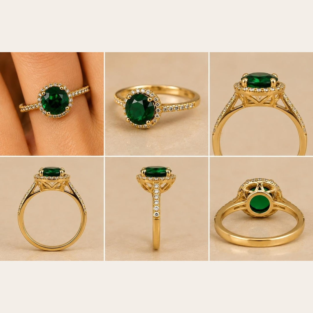 Emerald Green Halo Adjustable Ring – Gold Plated