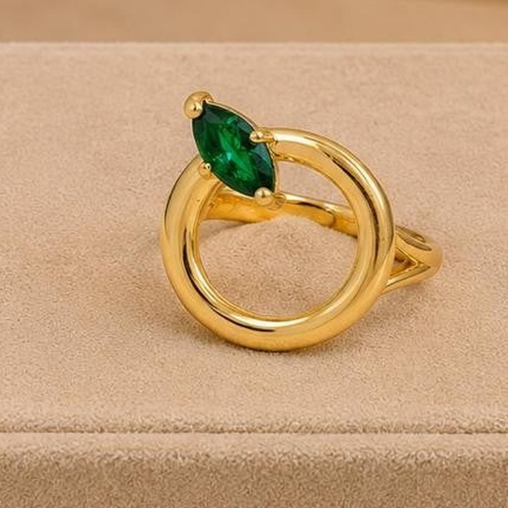 Emerald Green Marquise Open Circle Adjustable Ring – Gold Plated – close up on display