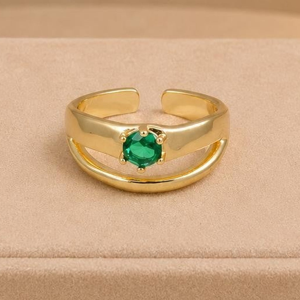 Emerald Green Stone Double Band Adjustable Ring – Gold Plated – close up on display