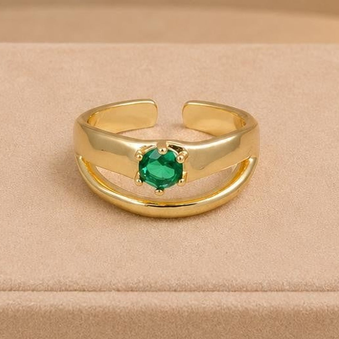 Emerald Green Stone Double Band Adjustable Ring – Gold Plated – close up on display
