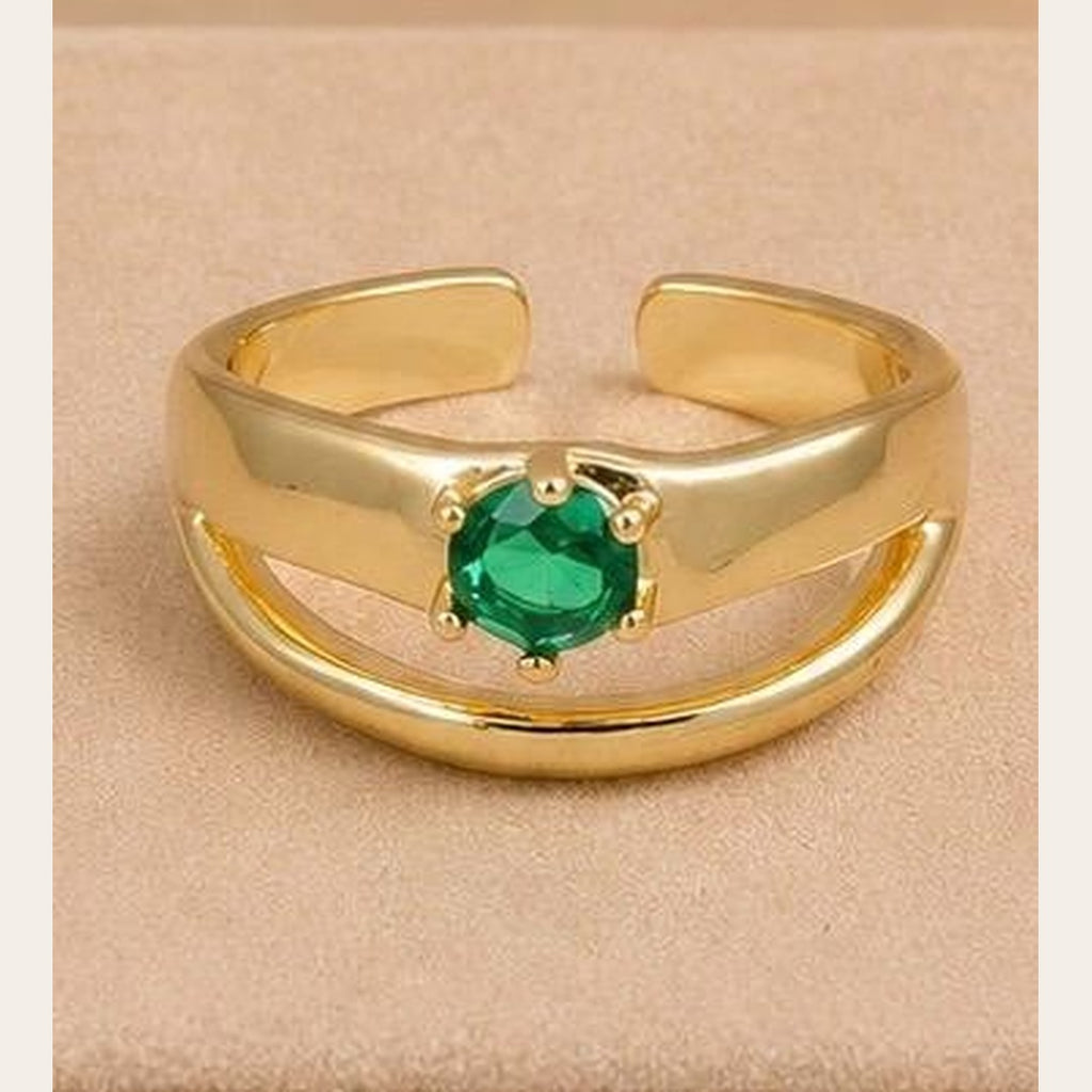 Emerald Green Stone Double Band Adjustable Ring – Gold Plated