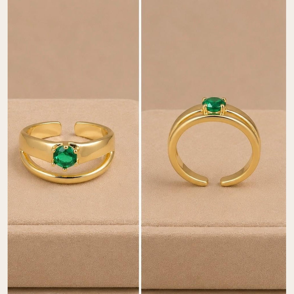 Emerald Green Stone Double Band Adjustable Ring – Gold Plated