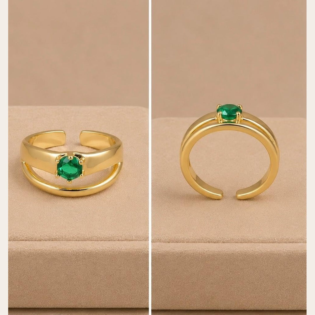 Emerald Green Stone Double Band Adjustable Ring – Gold Plated