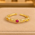 Fuchsia Infinity Adjustable Ring – Gold Plated – close up on display