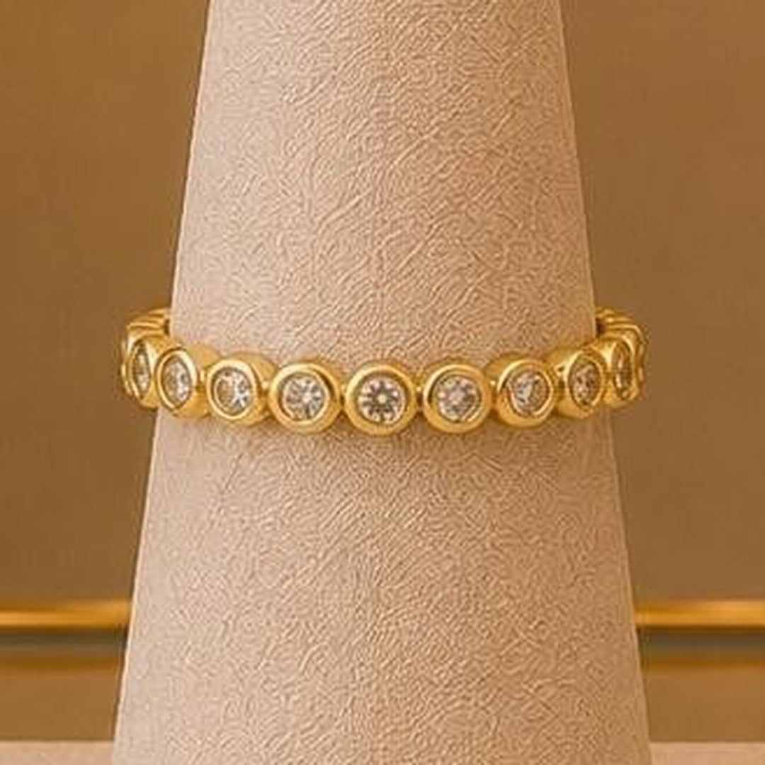 Gold Eternity CZ Band Ring – Gold Plated – close up on display