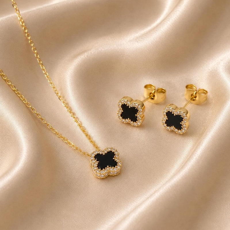 Black Clover Crystal Jewelry Set – Gold Plated — close-up, square format