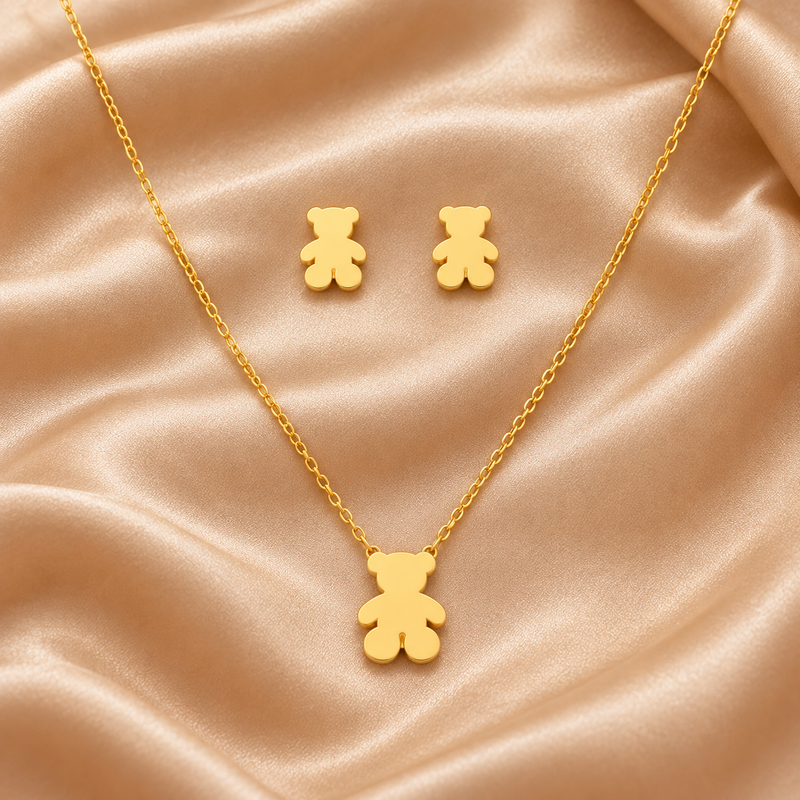 Teddy Bear Necklace & Earrings Set – Gold Plated — close-up, square format